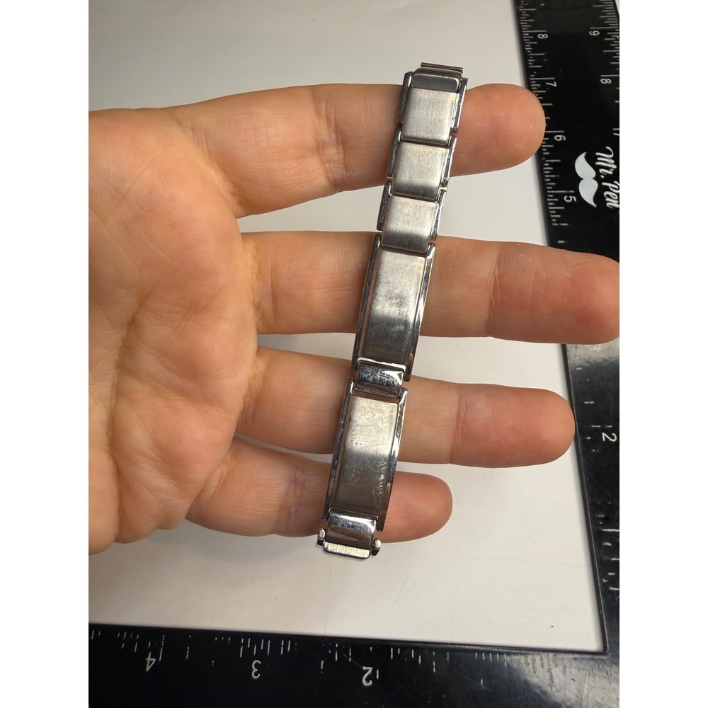 Stainless Steel Link Bracelet Silver Tone Minimalist Interlocking Logo 7.5 Inch